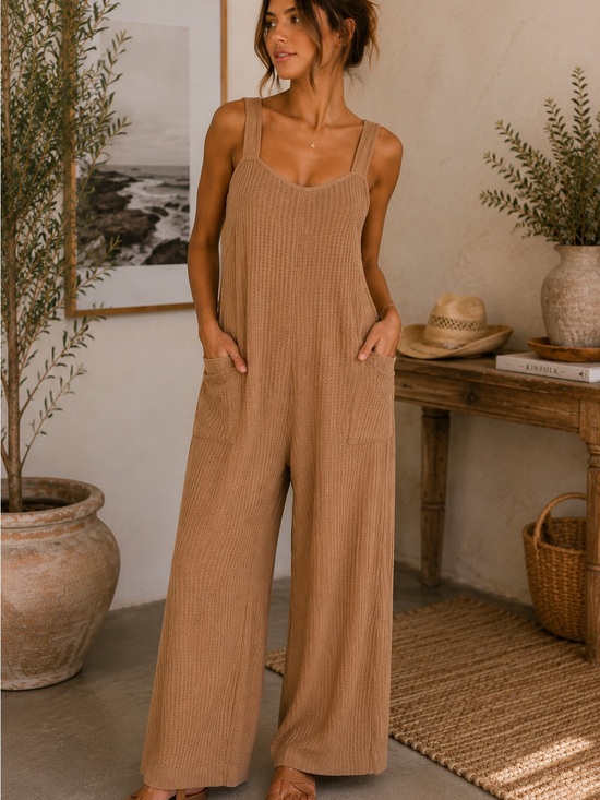 Zenana Outfitters Pants - Zenana Outfitters Camel Wide-Leg Knit Jumpsuit